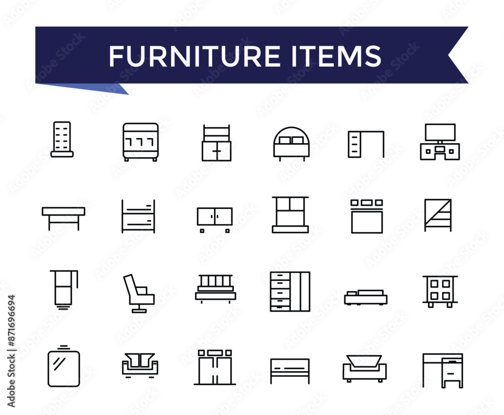 Poster furniture fittings icon set with editable stroke collection for web and ui. line icons pack. vector 