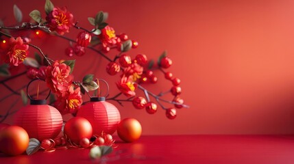 Elegant Red and Gold Chinese Lantern Bonsai Decor with Floral Wreath
