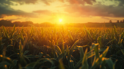 Close-up of a corn field at sunset. Agricultural field with ripening corn at sunset. Agriculture and gardening concept. Rich harvest and farming.