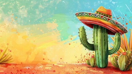 Serene Desert Harmony, A Kaleidoscope of Colorful Cacti and a Vibrant Sombrero-Wearing Sentinel in a Warm, Sunlit Landscape