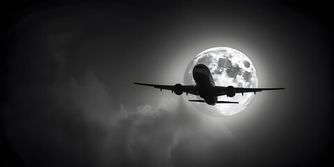 Solitary Airplane Silhouette Against Dramatic Supermoon in Minimalistic Monochrome Landscape