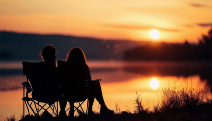 Obraz premium silhouette of couple sitting on camping chair and watching sunset view