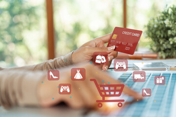 Customer open hologram graphic interface controlling device choosing online platform. Smart...