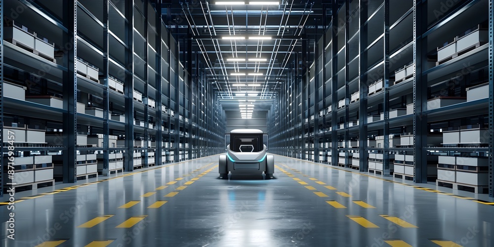 Poster futuristic high tech warehouse for efficient online business with automated systems and intelligent 