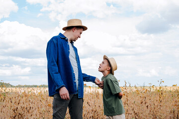 Agronomist, father and son together in agriculture field with soybeans. The man shows the boy ripe soy. Quality control of crops. Front view