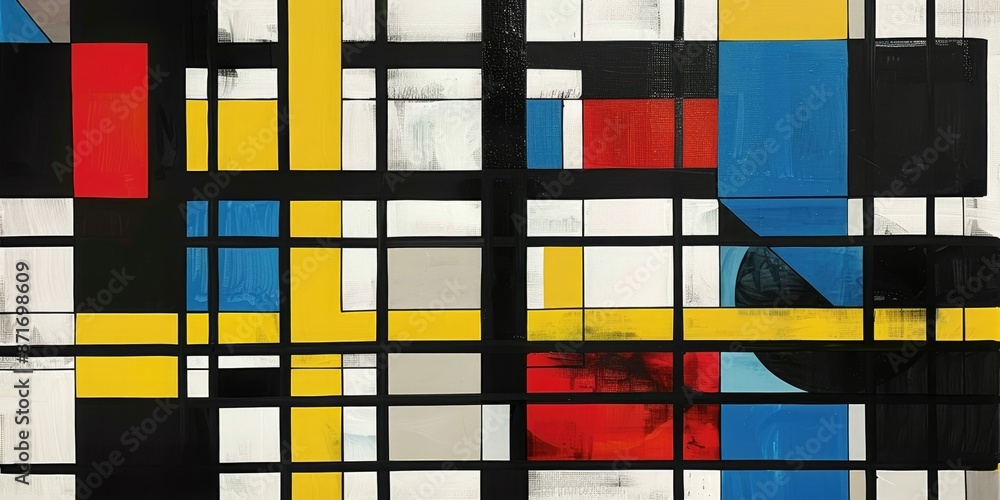 Poster abstract geometric artwork featuring primary colors with bold black lines creating interconnected re