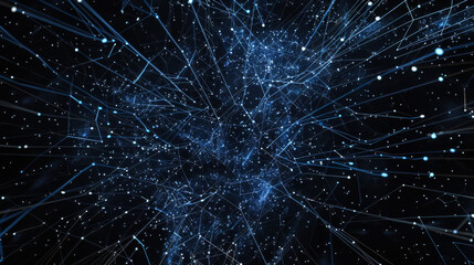 Black night sky with constellations. Brain neural network map. Bright light lines on a dark background. Space, science concept.