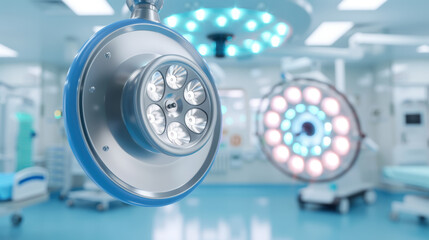 A hospital room with a bright light shining on a surgical table