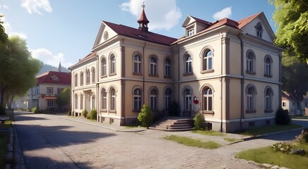 Obraz premium old building in a small town, hospital in the village, deserted street