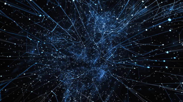 Black night sky with constellations. Brain neural network map. Bright light lines on a dark background. Space, science concept.