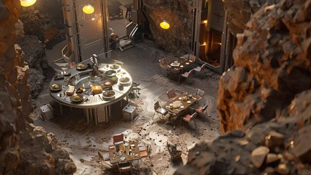 Cozy underground eatery with a circular bar and warm lighting