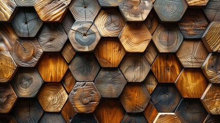 Closeup of a textured wooden hexagon pattern with a mix of warm and dark tones, creating a unique and rustic geometric backdrop.