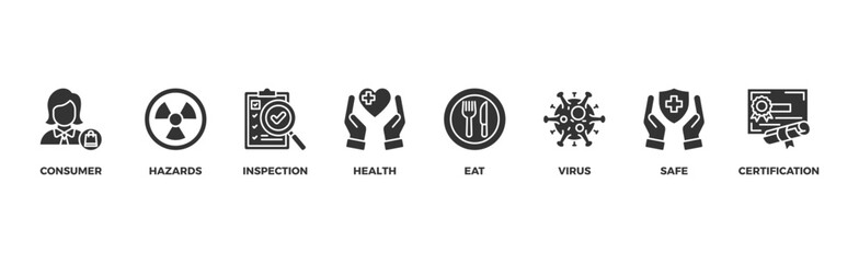safety banner web icon vector illustration concept with icon of consumer, hazards, inspection, health, eat, virus, safe and certification	