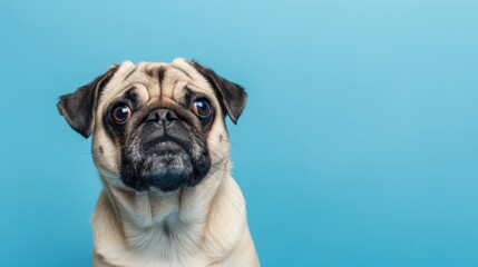 Sad pug dog on blue background looks up sadly