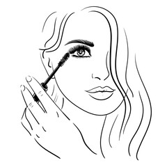 Beautiful woman paints her eyelashes. Stock vector illustration.