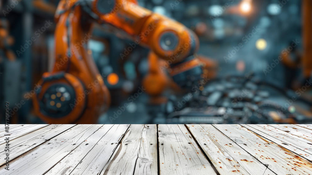 Aufkleber empty wood table top with blur background of factory with robotic arms. the table giving copy space 