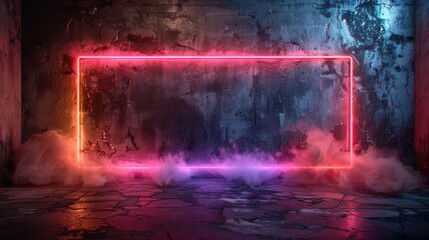 Fototapeta premium Vibrant neon light frame against a grunge textured wall with smokey effects, creating an atmospheric and futuristic visual scene.