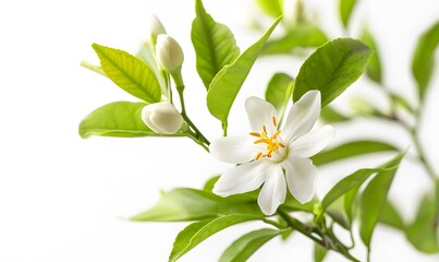 White Neroli Blossom on Orange Tree Branch Close-Up Against White Background, Generative AI