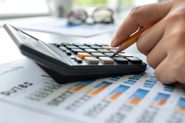 Close-up of person using calculator, analyzing financial data on paper, concept of finance and accounting. Ideal for business use and reporting. Generative AI