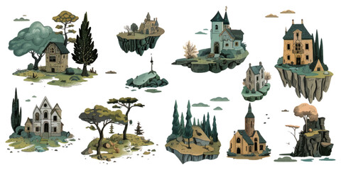 Set of illustrations of houses with green mountains on white background.