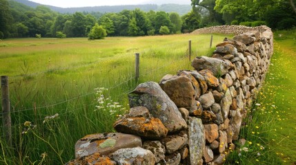 Stone wall winding through spring meadow