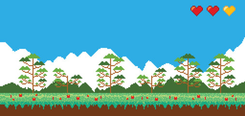 Pixel art game background. Retro 8 bit video game interface. Old compute pixel art. Banner of pixel-game. Vector cartoon illustration