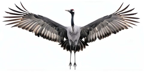Fototapeta premium Crane bird in flight with open wingspan against white background. Concept Wildlife, Bird Photography, Crane Bird, Wingspan, White Background