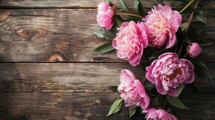 Pink peony flowers on table with space for text seen from above and flat lay styling