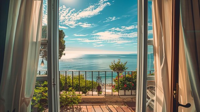 Fototapeta Scenic view from a guesthouse, looking through a panoramic window onto a terrace with a sea view on a sunny, warm summer day. Luxurious resort concept with blue skies