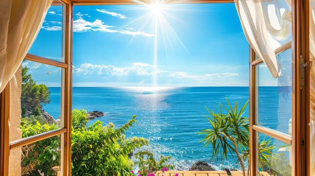 Fototapeta Scenic view from a guesthouse, looking through a panoramic window onto a terrace with a sea view on a sunny, warm summer day. Luxurious resort concept with blue skies
