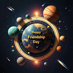 Planets orbiting around a sun, with "Happy Friendship Day" etched in planetary rings or shooting stars.