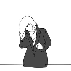 woman in a black coat takes something out of her inner pocket - one line art vector.
