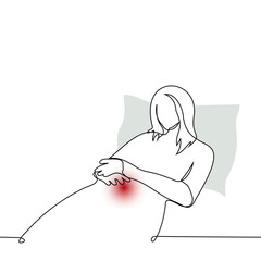 woman lying in bed with her hands folded together on her stomach with abdominal pain - one line art vector. concept spasm, menstrual pain