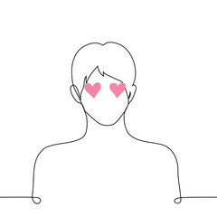 male portrait silhouette with pink hearts in eyes - one line art vector. man in love concept