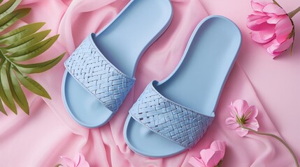 Light Blue Summer Sandals on Pink Fabric