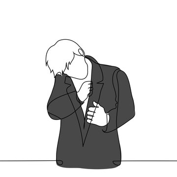 recommend clip art: man in a black coat takes something out of his inner pocket - one line art vector. concept