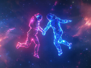Fototapeta premium Two astronauts in neon colors floating in space, holding hands, representing the concept of unity and exploration in a futuristic setting.
