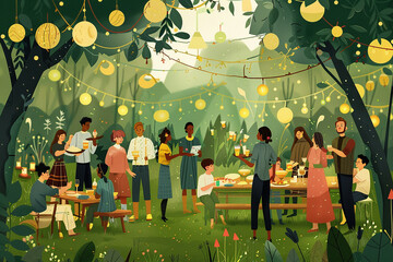 An outdoor garden party with diverse people mingling under string lights and paper lanterns. The setting is lush and green, with tables of food and drinks, capturing a casual and joyful gathering.