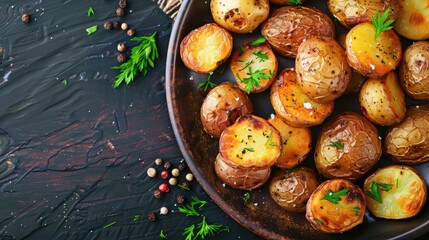 Roasted potatoes on a plate with space for text close view