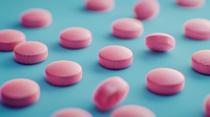 Pink circular pills placed on a blue surface