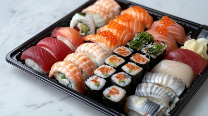 Elegant sushi platter with assorted nigiri, sashimi, and rolls, garnished with wasabi and ginger