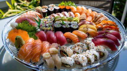 Elegant sushi platter with assorted nigiri, sashimi, and rolls, garnished with wasabi and ginger