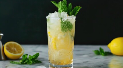 Fototapeta premium Rum Mojito Cocktail with sugar lemon mint and soda