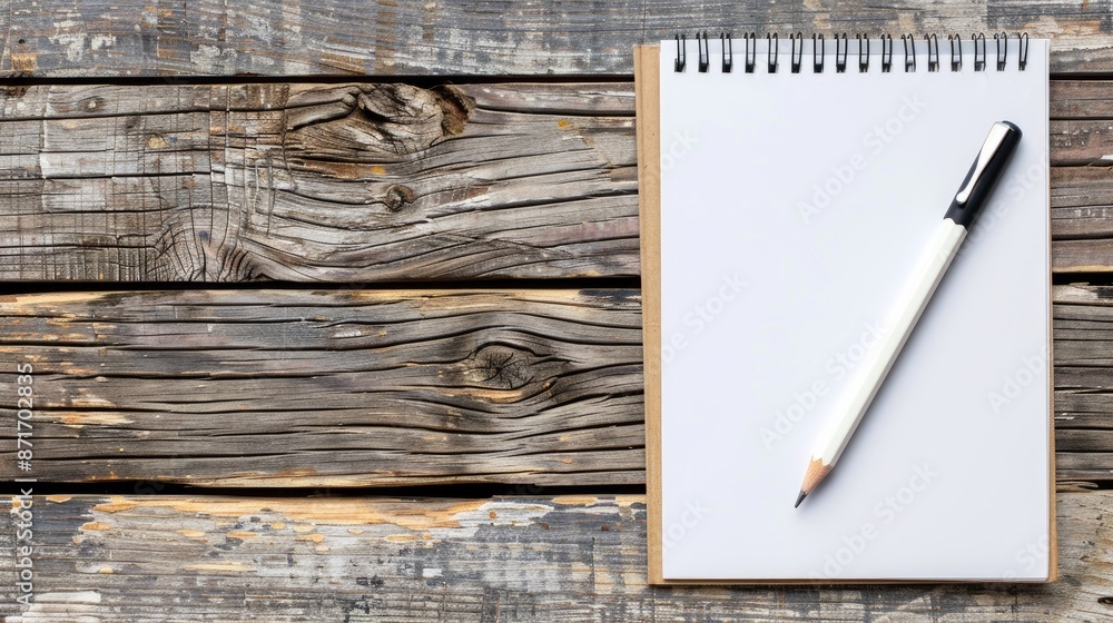 Poster top view of notepad pencil and pen on wooden table with space for notes high quality image
