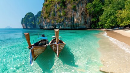 Exotic Thai beach with long-tail boats, limestone cliffs and crystal-clear water