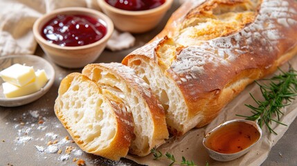 Freshly baked artisan bread golden crust, sliced and served butter and jam