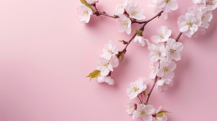 Fototapeta premium White cherry blossoms on pink background top view with space for text