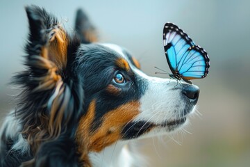 Obraz premium Collie dog portrait. A colorful monarch butterfly on the nose of a hunting dog.