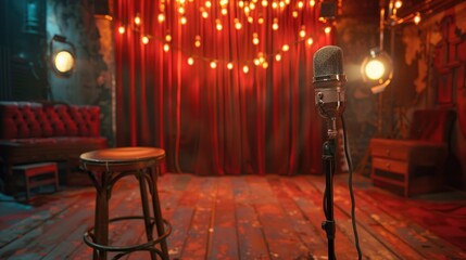 Microphone and stool on empty stand up comedy stage before start of performance. Music concert, show or interesting speech at club. Karaoke bar. Red curtains background.