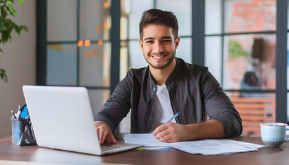 Muslim Man Working at a Desk in a Modern Office